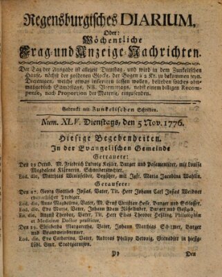 Regensburgisches Diarium oder wöchentliche Frag- und Anzeige-Nachrichten (Regensburger Wochenblatt) Dienstag 5. November 1776