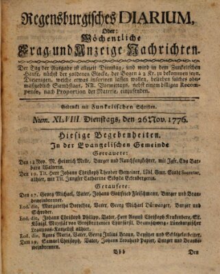 Regensburgisches Diarium oder wöchentliche Frag- und Anzeige-Nachrichten (Regensburger Wochenblatt) Dienstag 26. November 1776