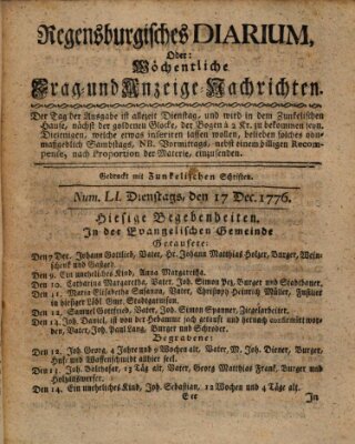 Regensburgisches Diarium oder wöchentliche Frag- und Anzeige-Nachrichten (Regensburger Wochenblatt) Dienstag 17. Dezember 1776