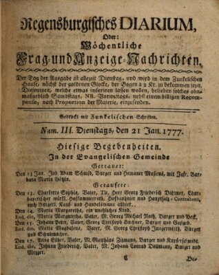 Regensburgisches Diarium oder wöchentliche Frag- und Anzeige-Nachrichten (Regensburger Wochenblatt) Dienstag 21. Januar 1777