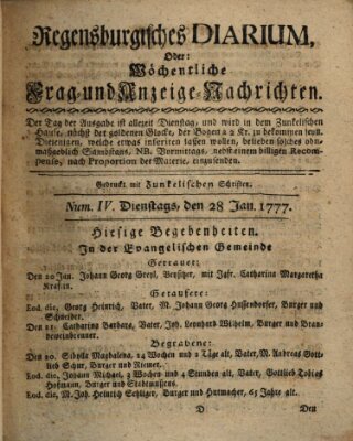 Regensburgisches Diarium oder wöchentliche Frag- und Anzeige-Nachrichten (Regensburger Wochenblatt) Dienstag 28. Januar 1777