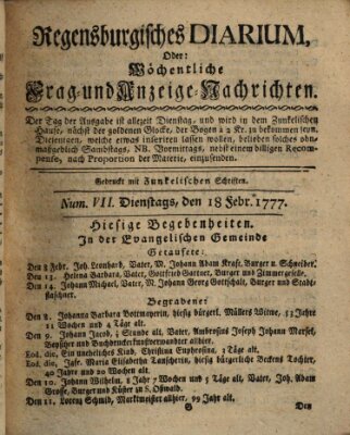 Regensburgisches Diarium oder wöchentliche Frag- und Anzeige-Nachrichten (Regensburger Wochenblatt) Dienstag 18. Februar 1777