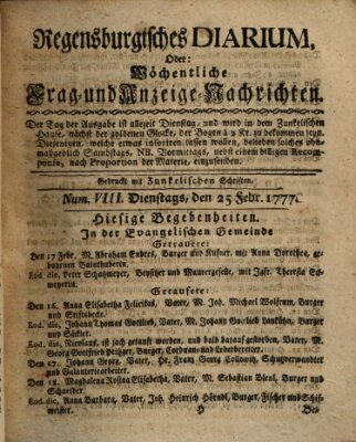 Regensburgisches Diarium oder wöchentliche Frag- und Anzeige-Nachrichten (Regensburger Wochenblatt) Dienstag 25. Februar 1777