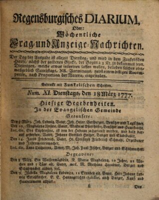 Regensburgisches Diarium oder wöchentliche Frag- und Anzeige-Nachrichten (Regensburger Wochenblatt) Dienstag 18. März 1777