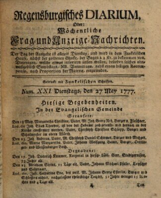 Regensburgisches Diarium oder wöchentliche Frag- und Anzeige-Nachrichten (Regensburger Wochenblatt) Dienstag 27. Mai 1777