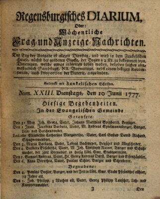 Regensburgisches Diarium oder wöchentliche Frag- und Anzeige-Nachrichten (Regensburger Wochenblatt) Dienstag 10. Juni 1777