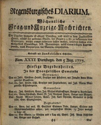 Regensburgisches Diarium oder wöchentliche Frag- und Anzeige-Nachrichten (Regensburger Wochenblatt) Dienstag 5. August 1777