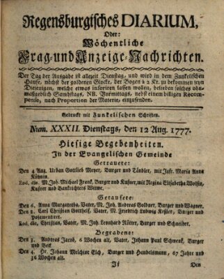 Regensburgisches Diarium oder wöchentliche Frag- und Anzeige-Nachrichten (Regensburger Wochenblatt) Dienstag 12. August 1777