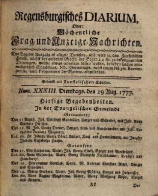 Regensburgisches Diarium oder wöchentliche Frag- und Anzeige-Nachrichten (Regensburger Wochenblatt) Dienstag 19. August 1777