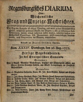 Regensburgisches Diarium oder wöchentliche Frag- und Anzeige-Nachrichten (Regensburger Wochenblatt) Dienstag 26. August 1777