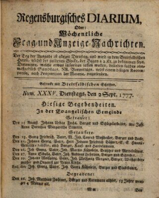 Regensburgisches Diarium oder wöchentliche Frag- und Anzeige-Nachrichten (Regensburger Wochenblatt) Dienstag 2. September 1777