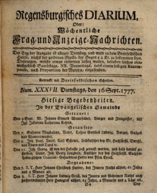 Regensburgisches Diarium oder wöchentliche Frag- und Anzeige-Nachrichten (Regensburger Wochenblatt) Dienstag 16. September 1777