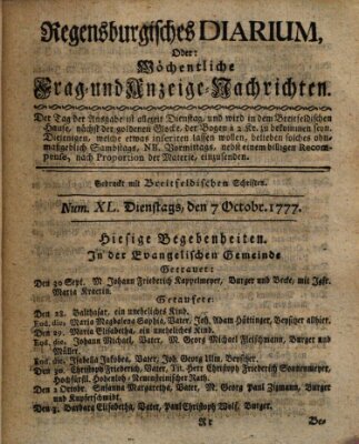 Regensburgisches Diarium oder wöchentliche Frag- und Anzeige-Nachrichten (Regensburger Wochenblatt) Dienstag 7. Oktober 1777