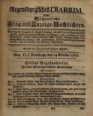 Regensburgisches Diarium oder wöchentliche Frag- und Anzeige-Nachrichten (Regensburger Wochenblatt) Dienstag 14. Oktober 1777