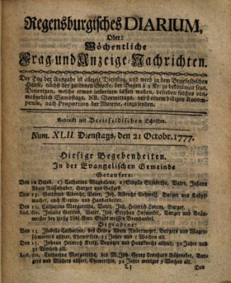 Regensburgisches Diarium oder wöchentliche Frag- und Anzeige-Nachrichten (Regensburger Wochenblatt) Dienstag 21. Oktober 1777