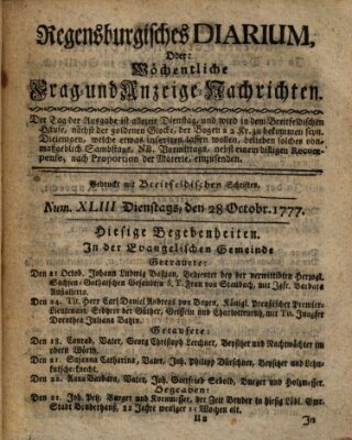 Regensburgisches Diarium oder wöchentliche Frag- und Anzeige-Nachrichten (Regensburger Wochenblatt) Dienstag 28. Oktober 1777