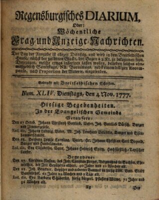 Regensburgisches Diarium oder wöchentliche Frag- und Anzeige-Nachrichten (Regensburger Wochenblatt) Dienstag 4. November 1777