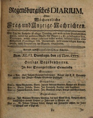 Regensburgisches Diarium oder wöchentliche Frag- und Anzeige-Nachrichten (Regensburger Wochenblatt) Dienstag 18. November 1777