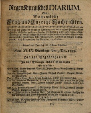 Regensburgisches Diarium oder wöchentliche Frag- und Anzeige-Nachrichten (Regensburger Wochenblatt) Dienstag 9. Dezember 1777