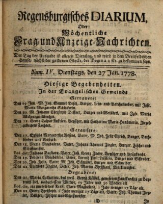 Regensburgisches Diarium oder wöchentliche Frag- und Anzeige-Nachrichten (Regensburger Wochenblatt) Dienstag 27. Januar 1778