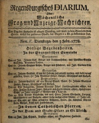 Regensburgisches Diarium oder wöchentliche Frag- und Anzeige-Nachrichten (Regensburger Wochenblatt) Dienstag 3. Februar 1778