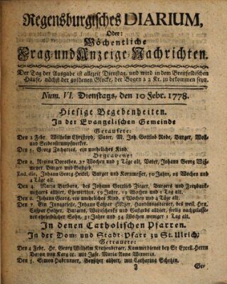 Regensburgisches Diarium oder wöchentliche Frag- und Anzeige-Nachrichten (Regensburger Wochenblatt) Dienstag 10. Februar 1778