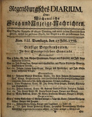 Regensburgisches Diarium oder wöchentliche Frag- und Anzeige-Nachrichten (Regensburger Wochenblatt) Dienstag 17. Februar 1778