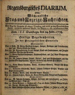 Regensburgisches Diarium oder wöchentliche Frag- und Anzeige-Nachrichten (Regensburger Wochenblatt) Dienstag 24. Februar 1778