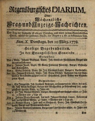 Regensburgisches Diarium oder wöchentliche Frag- und Anzeige-Nachrichten (Regensburger Wochenblatt) Dienstag 10. März 1778