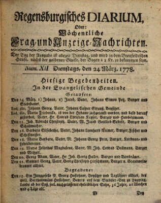 Regensburgisches Diarium oder wöchentliche Frag- und Anzeige-Nachrichten (Regensburger Wochenblatt) Dienstag 24. März 1778