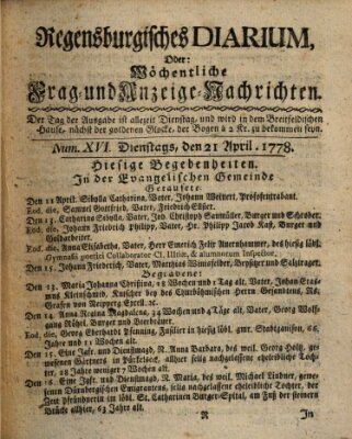 Regensburgisches Diarium oder wöchentliche Frag- und Anzeige-Nachrichten (Regensburger Wochenblatt) Dienstag 21. April 1778