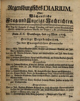 Regensburgisches Diarium oder wöchentliche Frag- und Anzeige-Nachrichten (Regensburger Wochenblatt) Dienstag 19. Mai 1778