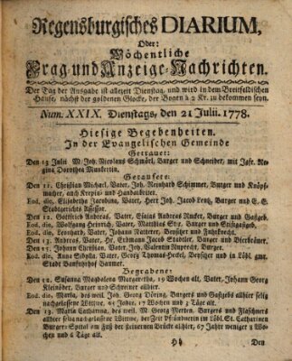 Regensburgisches Diarium oder wöchentliche Frag- und Anzeige-Nachrichten (Regensburger Wochenblatt) Dienstag 21. Juli 1778