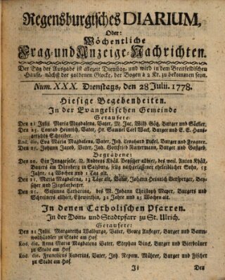 Regensburgisches Diarium oder wöchentliche Frag- und Anzeige-Nachrichten (Regensburger Wochenblatt) Dienstag 28. Juli 1778