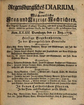 Regensburgisches Diarium oder wöchentliche Frag- und Anzeige-Nachrichten (Regensburger Wochenblatt) Dienstag 11. August 1778