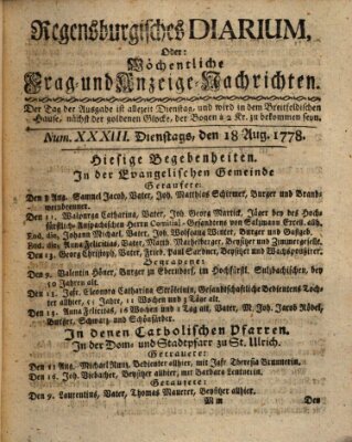 Regensburgisches Diarium oder wöchentliche Frag- und Anzeige-Nachrichten (Regensburger Wochenblatt) Dienstag 18. August 1778