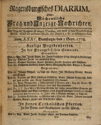 Regensburgisches Diarium oder wöchentliche Frag- und Anzeige-Nachrichten (Regensburger Wochenblatt) Dienstag 1. September 1778