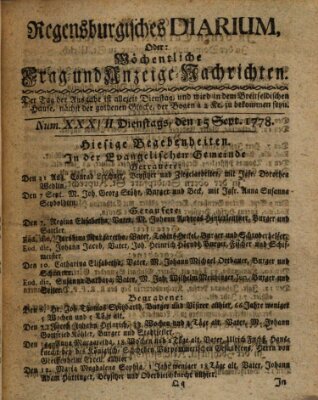 Regensburgisches Diarium oder wöchentliche Frag- und Anzeige-Nachrichten (Regensburger Wochenblatt) Dienstag 15. September 1778