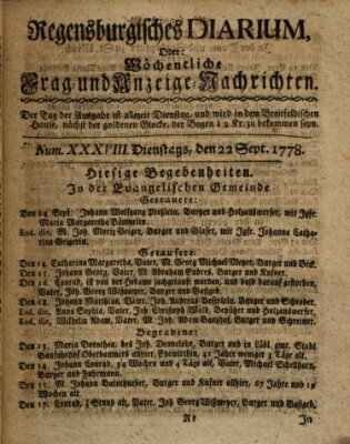 Regensburgisches Diarium oder wöchentliche Frag- und Anzeige-Nachrichten (Regensburger Wochenblatt) Dienstag 22. September 1778