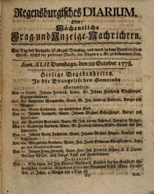 Regensburgisches Diarium oder wöchentliche Frag- und Anzeige-Nachrichten (Regensburger Wochenblatt) Dienstag 20. Oktober 1778