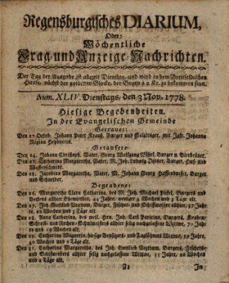 Regensburgisches Diarium oder wöchentliche Frag- und Anzeige-Nachrichten (Regensburger Wochenblatt) Dienstag 3. November 1778