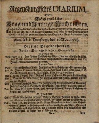 Regensburgisches Diarium oder wöchentliche Frag- und Anzeige-Nachrichten (Regensburger Wochenblatt) Dienstag 10. November 1778