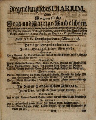 Regensburgisches Diarium oder wöchentliche Frag- und Anzeige-Nachrichten (Regensburger Wochenblatt) Dienstag 17. November 1778