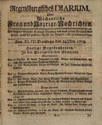 Regensburgisches Diarium oder wöchentliche Frag- und Anzeige-Nachrichten (Regensburger Wochenblatt) Dienstag 24. November 1778