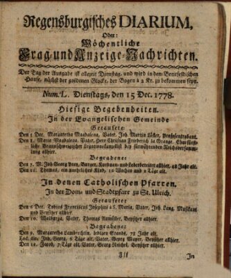 Regensburgisches Diarium oder wöchentliche Frag- und Anzeige-Nachrichten (Regensburger Wochenblatt) Dienstag 15. Dezember 1778