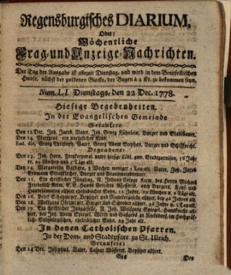 Regensburgisches Diarium oder wöchentliche Frag- und Anzeige-Nachrichten (Regensburger Wochenblatt) Dienstag 22. Dezember 1778