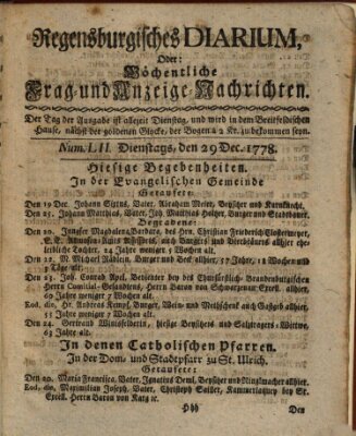 Regensburgisches Diarium oder wöchentliche Frag- und Anzeige-Nachrichten (Regensburger Wochenblatt) Dienstag 29. Dezember 1778