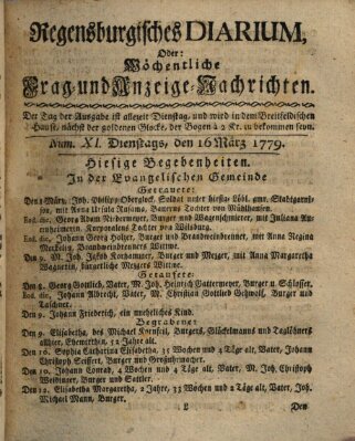 Regensburgisches Diarium oder wöchentliche Frag- und Anzeige-Nachrichten (Regensburger Wochenblatt) Dienstag 16. März 1779