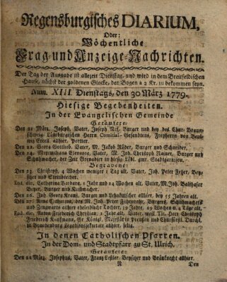 Regensburgisches Diarium oder wöchentliche Frag- und Anzeige-Nachrichten (Regensburger Wochenblatt) Dienstag 30. März 1779