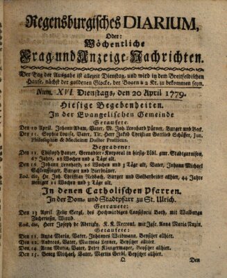 Regensburgisches Diarium oder wöchentliche Frag- und Anzeige-Nachrichten (Regensburger Wochenblatt) Dienstag 20. April 1779